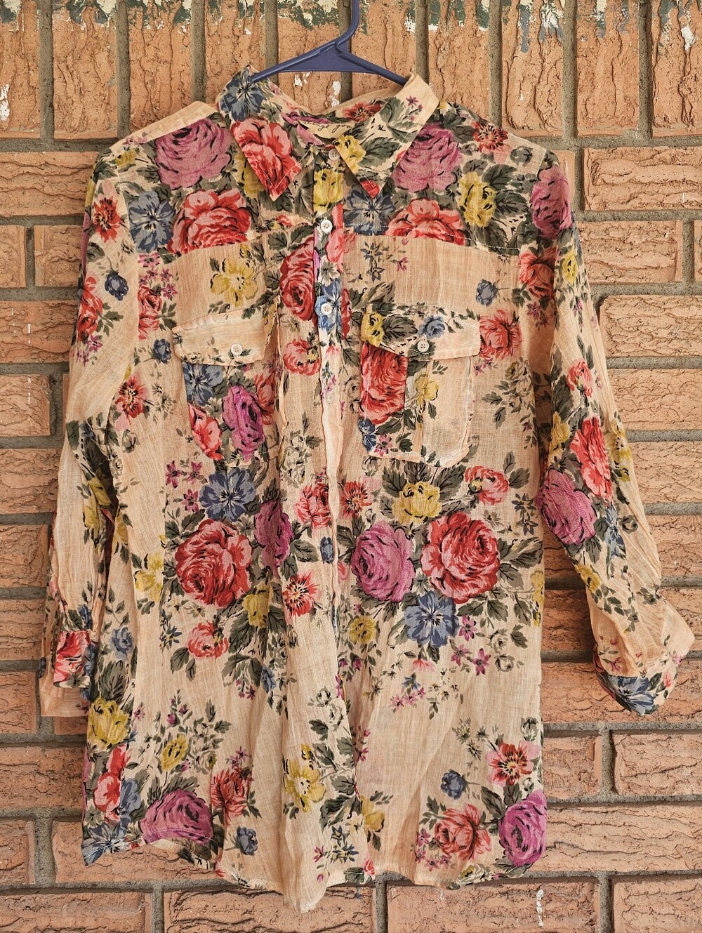 Vintage Goa Floral Button-Front Women's Sheer Top with Multi-Color Roses Size M